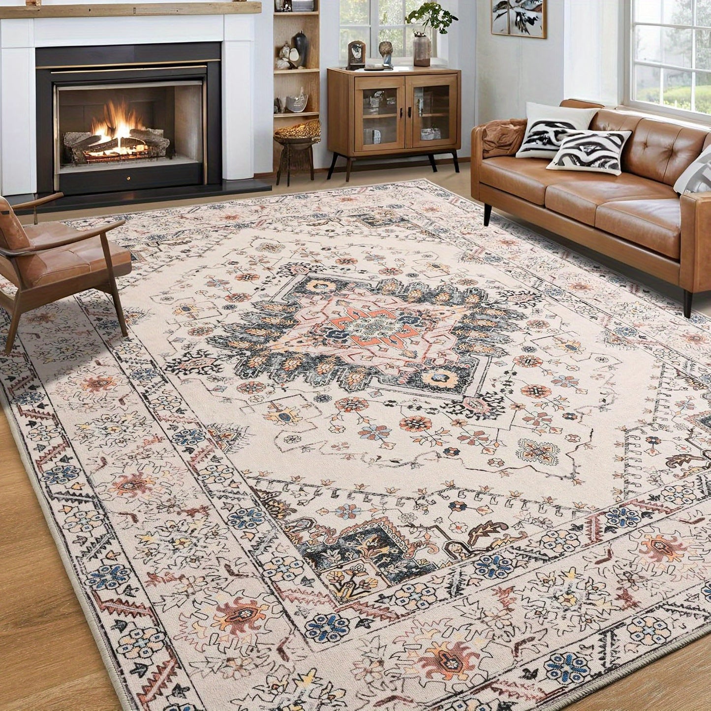 Floral Printed Carpet, Bohemian Style Carpet, Washable Carpet Anti-Slip Indoor Entrance Carpet, Bohemian Tribal Kitchen Carpet, Vintage Traditional Carpet, Suitable for Living Room, Bedroom, Office And Porch Front Door Entrance, Home Decoration