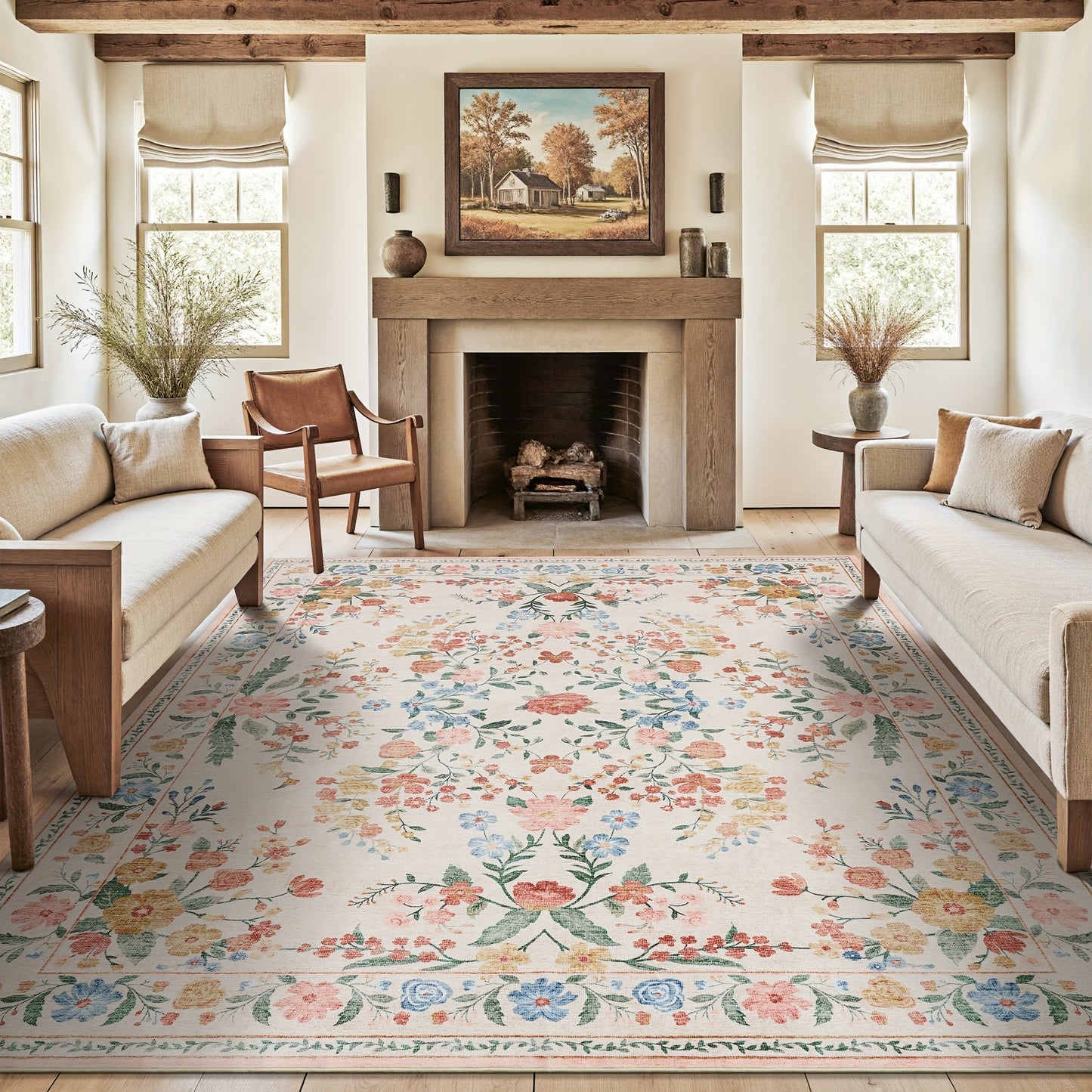 1pc Vintage Floral Mat - Non-Slip, Machine Washable Low Pile Runner for Kitchen, Living Room, Bedroom, Dining Room, Playroom - Boho Style 2x3 Entryway Mat, 2x6 Runner, 8x10 Large Area Indoor Mat - Kids & Pets Friendly In Beige, Green, Black & Pink